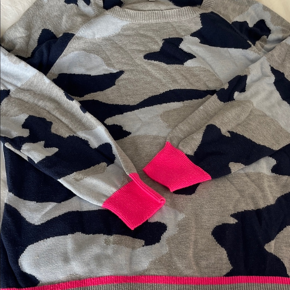 Stylish Scott & Scott Blue Camouflage Sweater with Pink Accents. Made in London